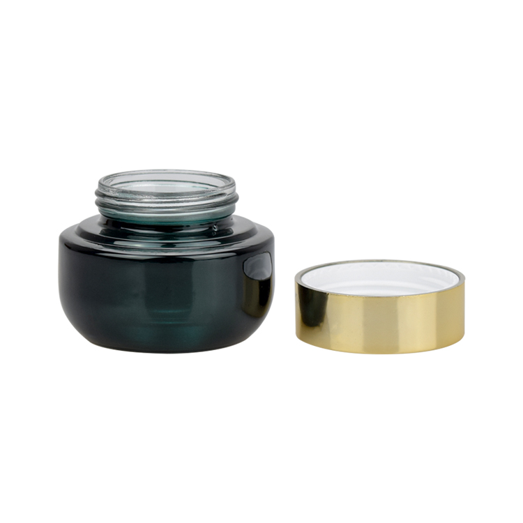 special design 50g black glass cosmetic cream jar sun block black glass jar with gold aluminum cap