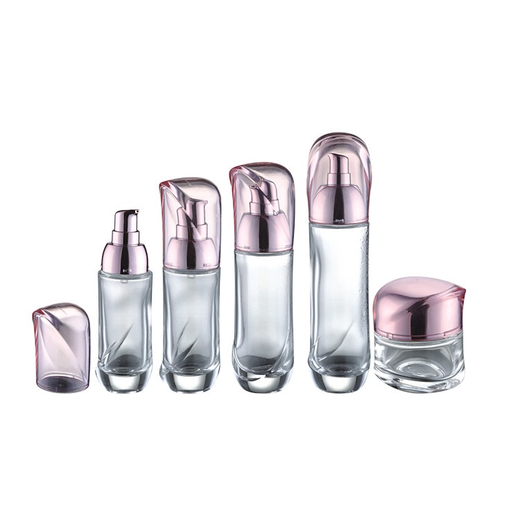 special design 60g 40ml 100ml 120ml care packaging cosmetic clear storage glass cosmetic bottle ang jars with rose gold lid