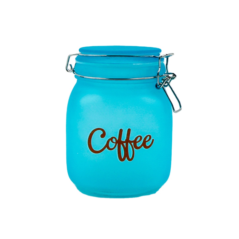sprayed colorful  blue  round glass coffee storage jar with clip airtight lid 650ml