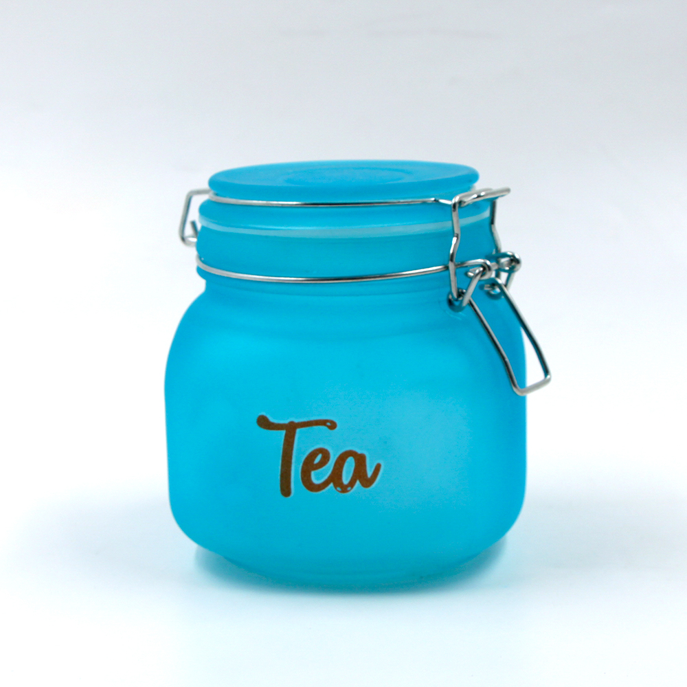 sprayed colorful blue round glass coffee storage jar with clip airtight lid 650ml