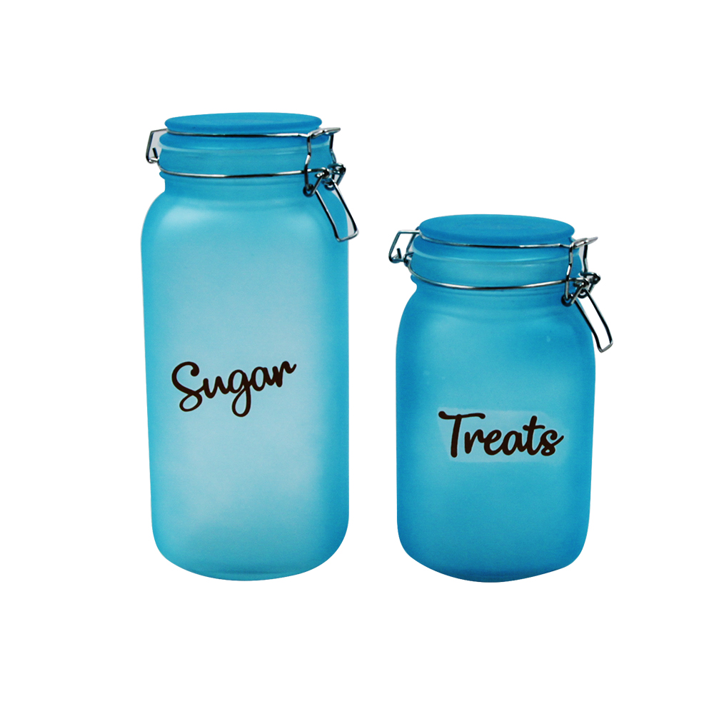 sprayed colorful blue round glass storage jar with clip airtight lid 1000ml