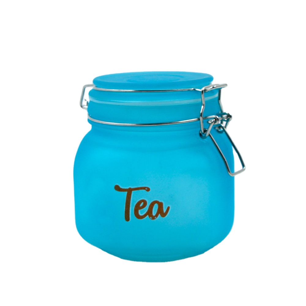 sprayed colorful  blue  round glass tea storage jar with clip airtight lid 300ml