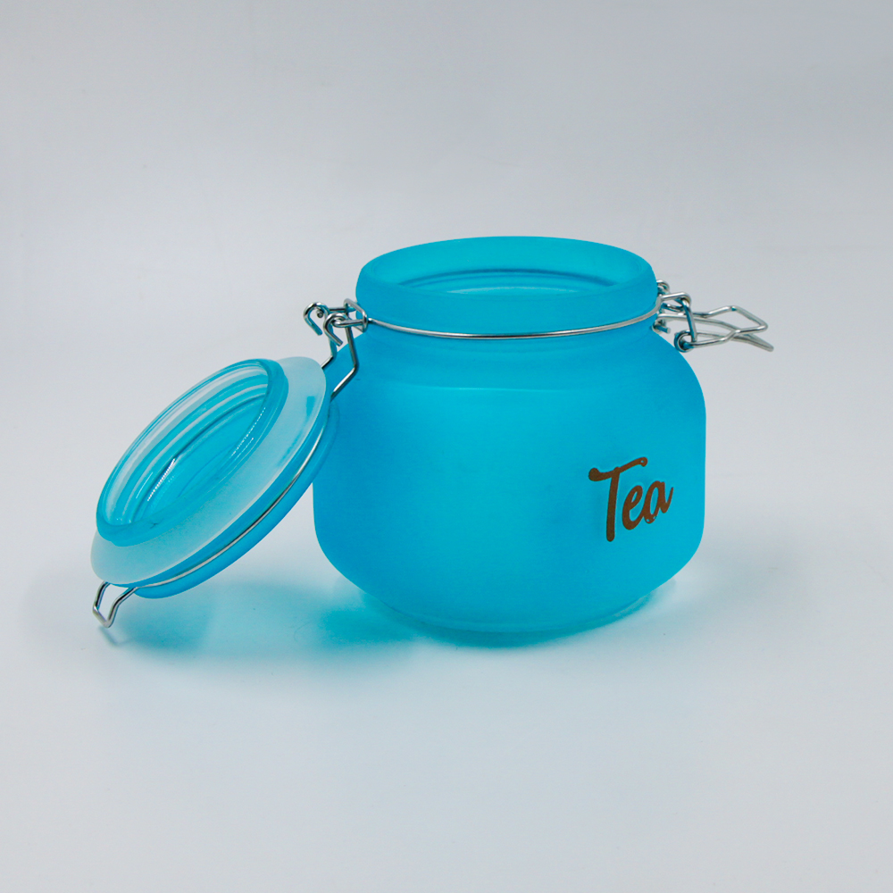 sprayed colorful blue round glass tea storage jar with clip airtight lid 300ml