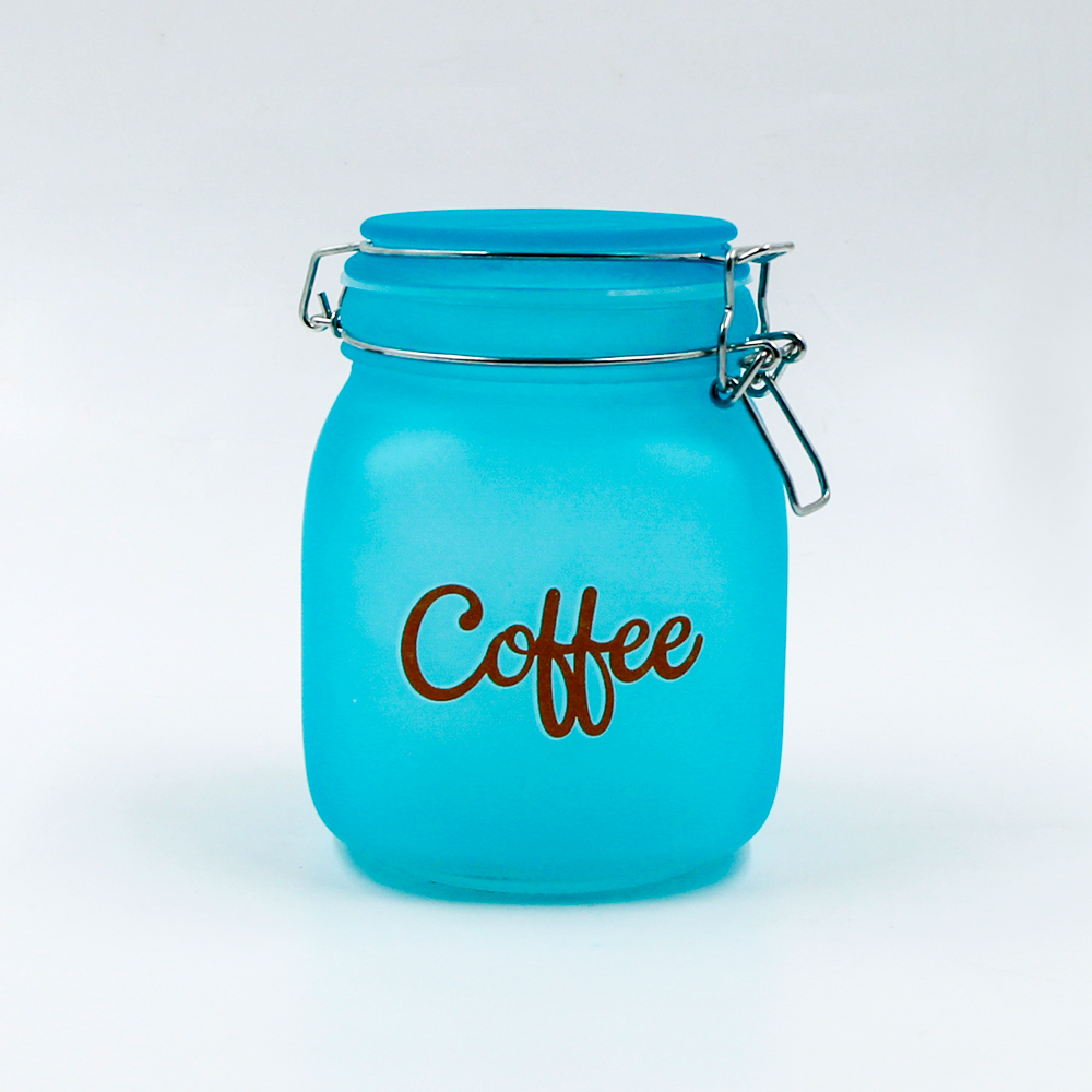 sprayed colorful blue round glass tea storage jar with clip airtight lid 300ml