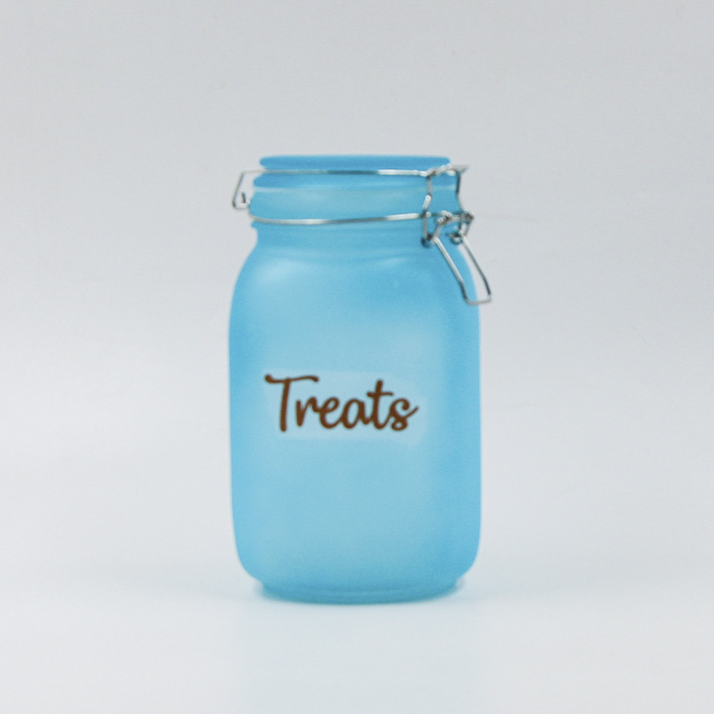sprayed colorful blue round glass tea storage jar with clip airtight lid 300ml
