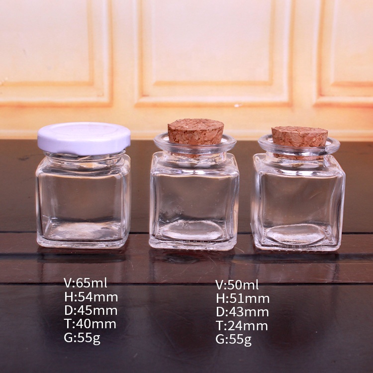 square 50ml mini glass storage jam spice jar with metal or cork lid