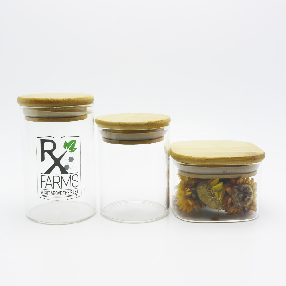 square borosilicate glass jar with bamboo lid high borosilicate glass storage jar wood lid candle GSJ-27S