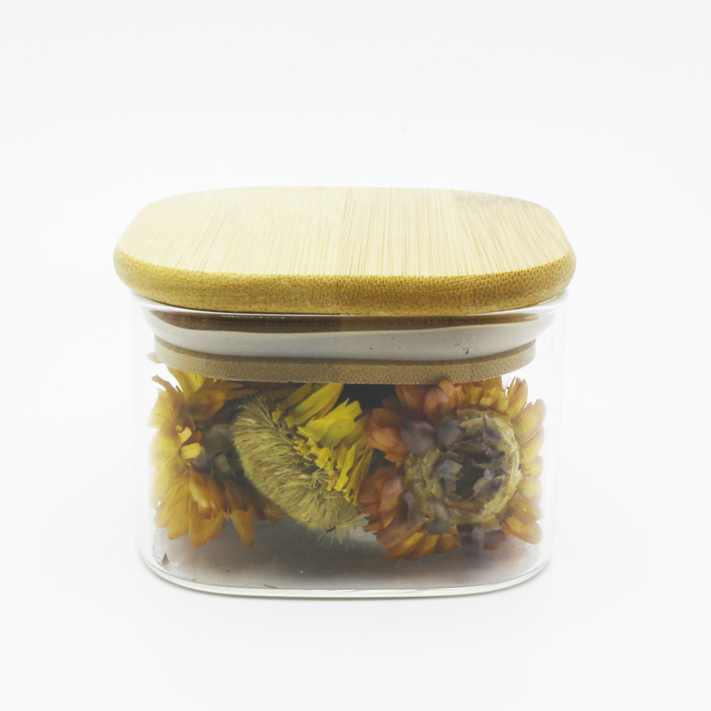 square borosilicate glass jar with bamboo lid high borosilicate glass storage jar wood lid candle GSJ-27S