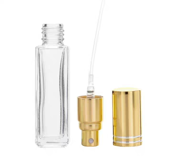 square clear 10ml 30ml 100ml 50 ml glass perfume bottle with spray gold and sliver cap