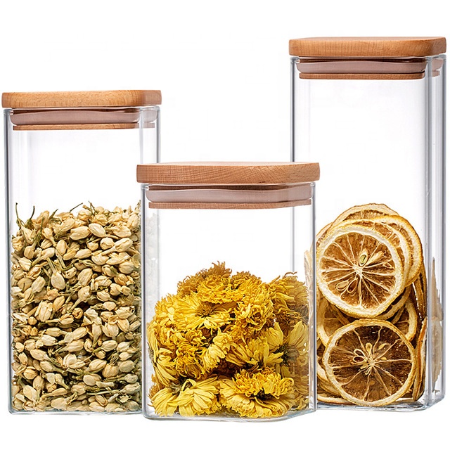 square high borosilicate glass sealed storage jars with bamboo lids kitchen food candy tea jar container with wooden lid