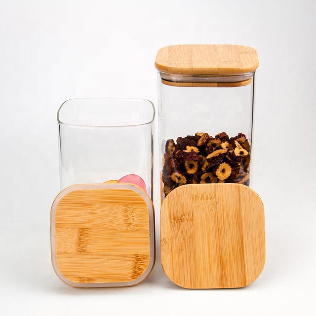 square high borosilicate glass sealed storage jars with bamboo lids kitchen food candy tea jar container with wooden lid