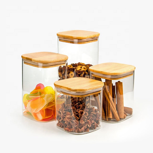 square high borosilicate glass sealed storage jars with bamboo lids kitchen food candy tea jar container with wooden lid