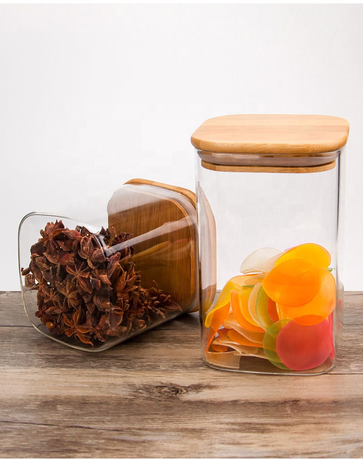 square high borosilicate glass sealed storage jars with bamboo lids kitchen food candy tea jar container with wooden lid