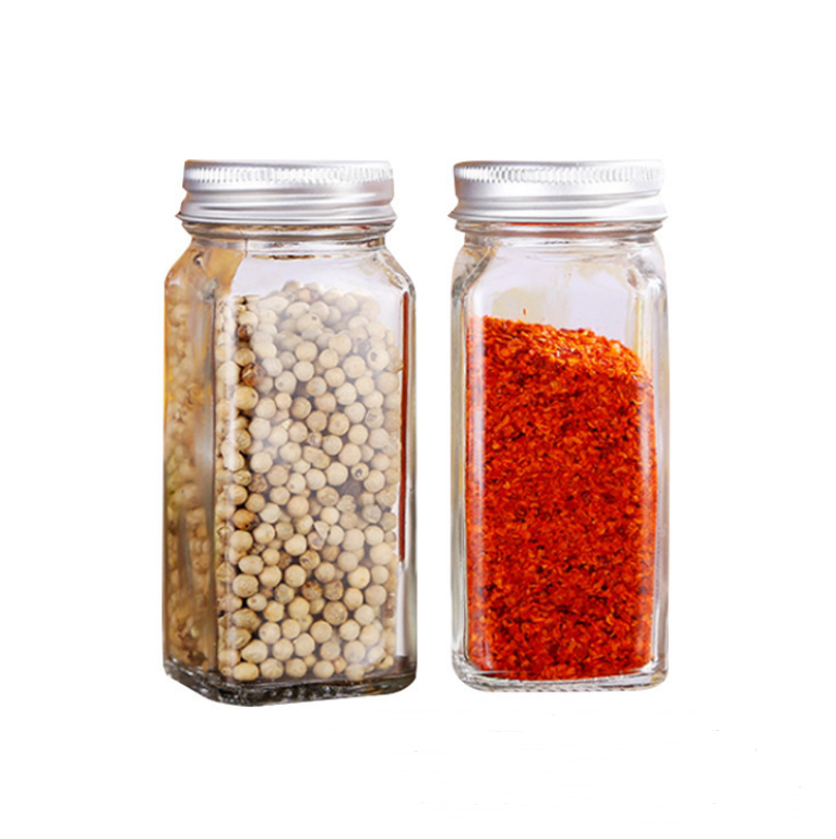 square jar 4oz 120ml shaker insert glass spice jar with silver metal top caps