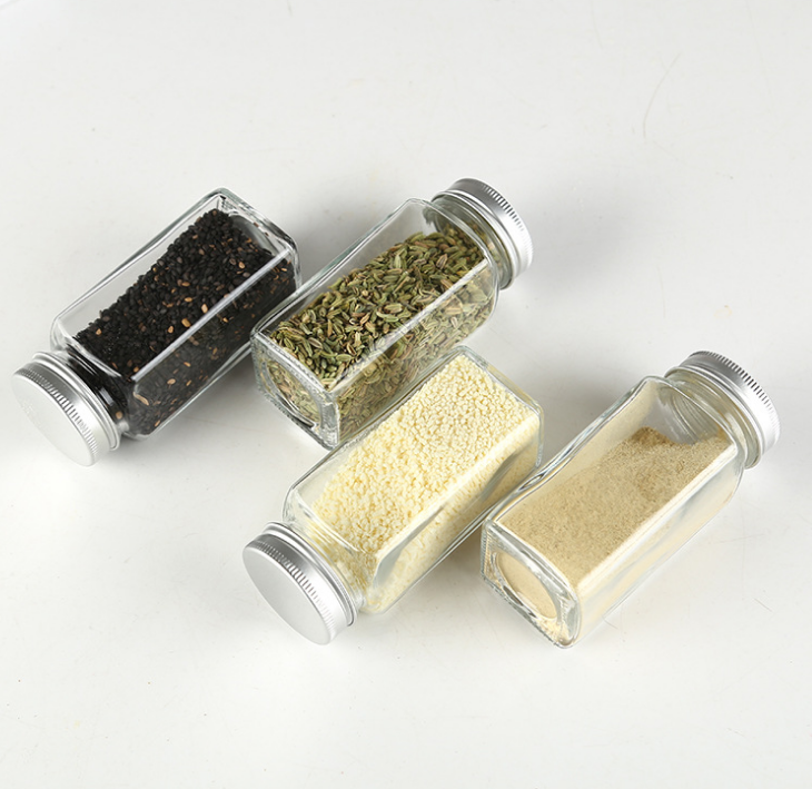 square jar 4oz 120ml shaker insert glass spice jar with silver metal top caps