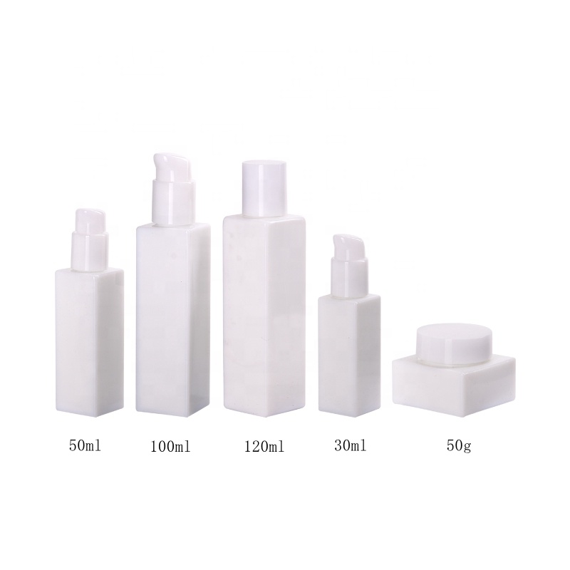 square opal glass bottles 30 ml 50 ml empty cosmetic serum pump bottle 100 ml 120 ml and 50 gram opaque white glass cream jar