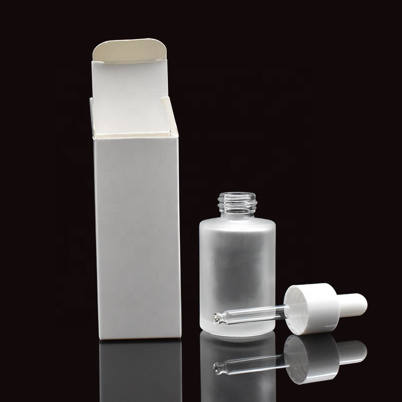 stock cosmetic package matte clear essential oil 30ml glass dropper bottle with white packing box for promotion