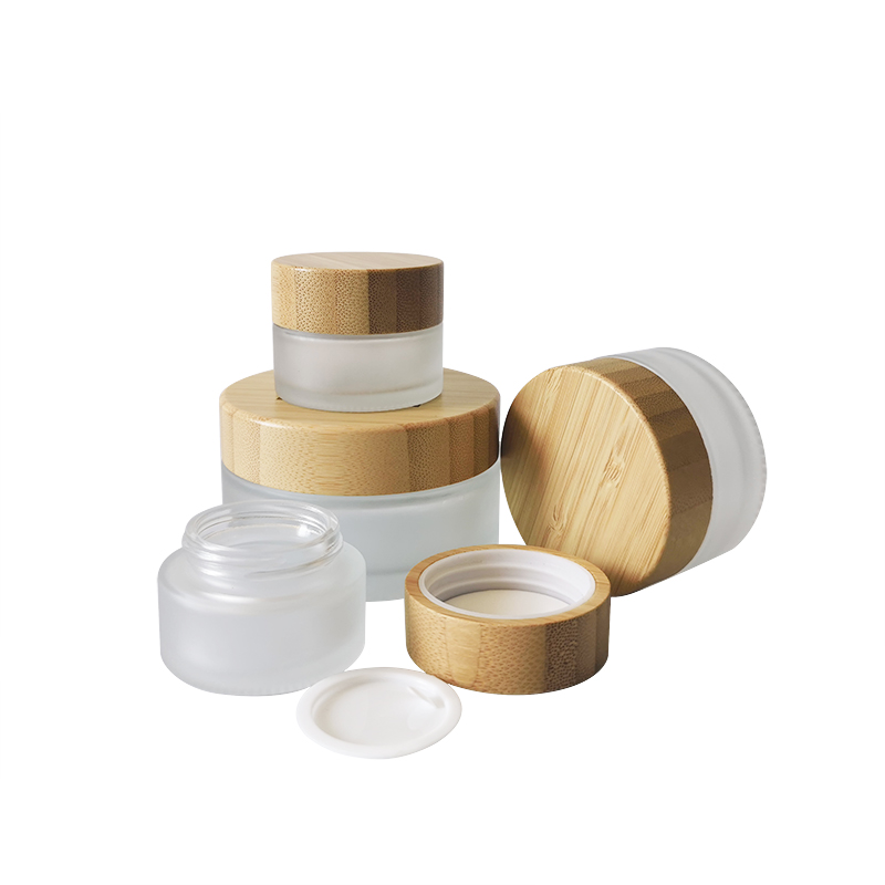 stock eco friendly cosmetic containers 50ML 50g Frosted glass cream jars with bamboo lid