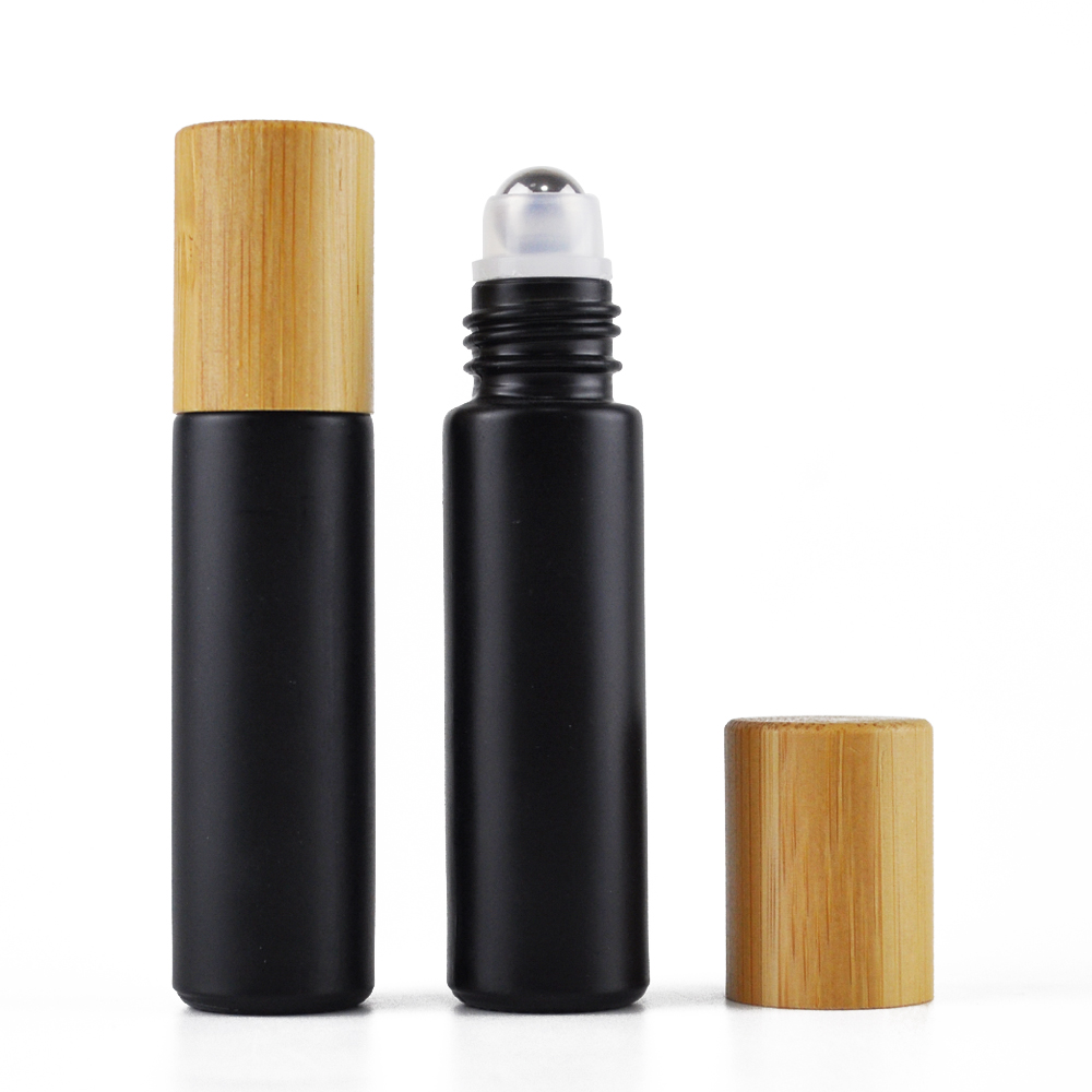 stock roller bottles essential oil bamboo 10ml matte black glass roll on bottle