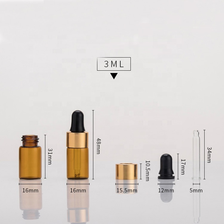 stocked 1ml 2ml empty vial packaging 3ml 5ml Small Amber Glass Essential oil Bottle with dropper for Perfume powders liquids
