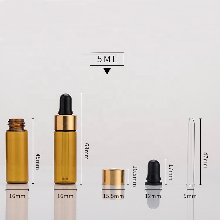 stocked 1ml 2ml empty vial packaging 3ml 5ml Small Amber Glass Essential oil Bottle with dropper for Perfume powders liquids