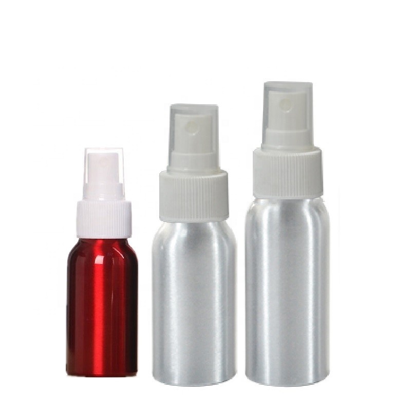 stocks cosmetic container 30ml 50ml 60ml metal aluminum spray bottle with white plastic sprayer dispenser