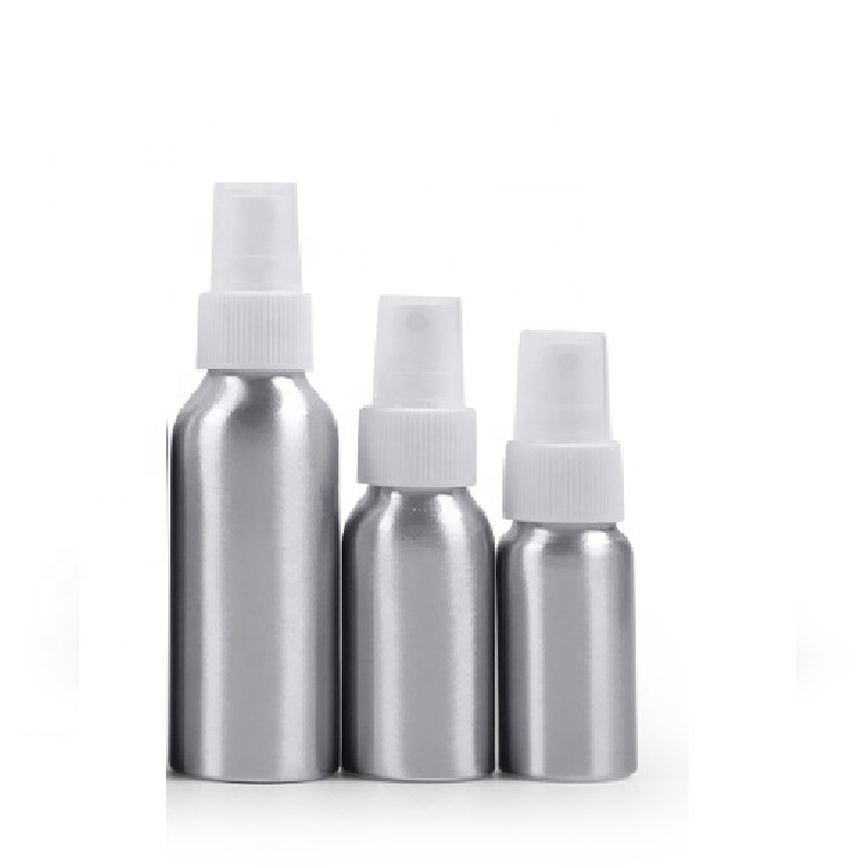 stocks cosmetic container 30ml 50ml 60ml metal aluminum spray bottle with white plastic sprayer dispenser