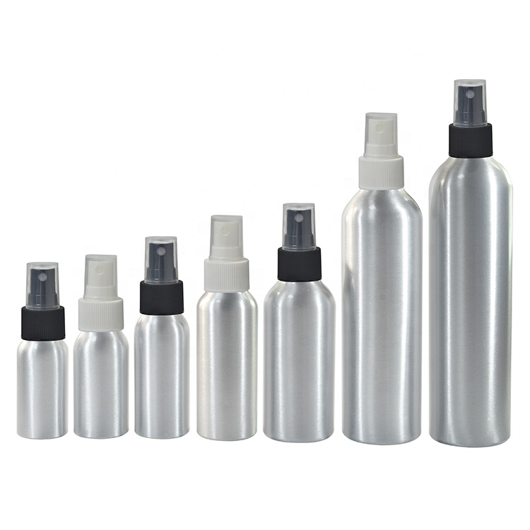stocks cosmetic container 30ml 50ml 60ml metal aluminum spray bottle with white plastic sprayer dispenser
