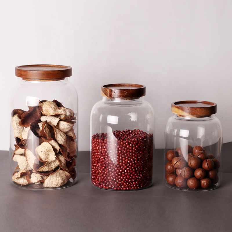 storage Round high borosilicate glass food airtight jar with Acacia wood lid
