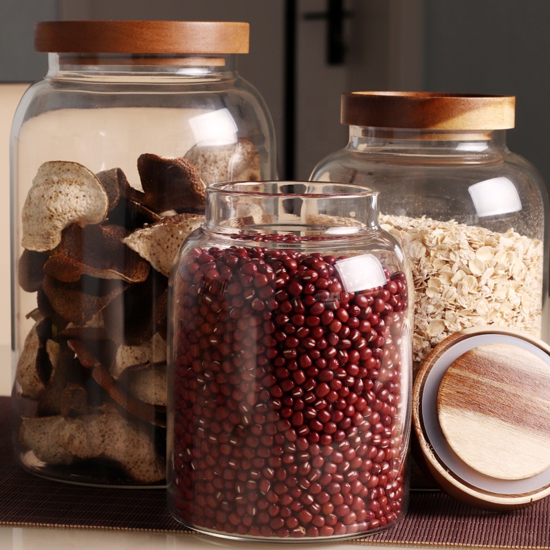 storage Round high borosilicate glass food airtight jar with Acacia wood lid