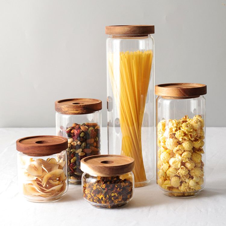 storage bottles coffee 500ml Glass Jar,Airtight Canister With Acacia Wood Lid