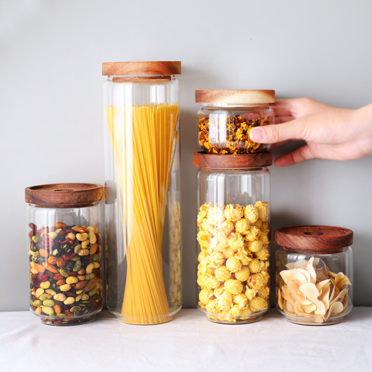 storage bottles coffee 500ml Glass Jar,Airtight Canister With Acacia Wood Lid