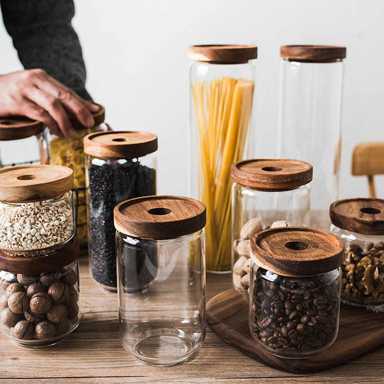 storage bottles coffee 500ml Glass Jar,Airtight Canister With Acacia Wood Lid