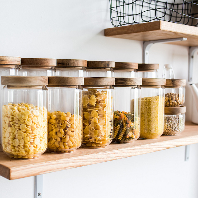 storage bottles coffee 500ml Glass Jar,Airtight Canister With Acacia Wood Lid