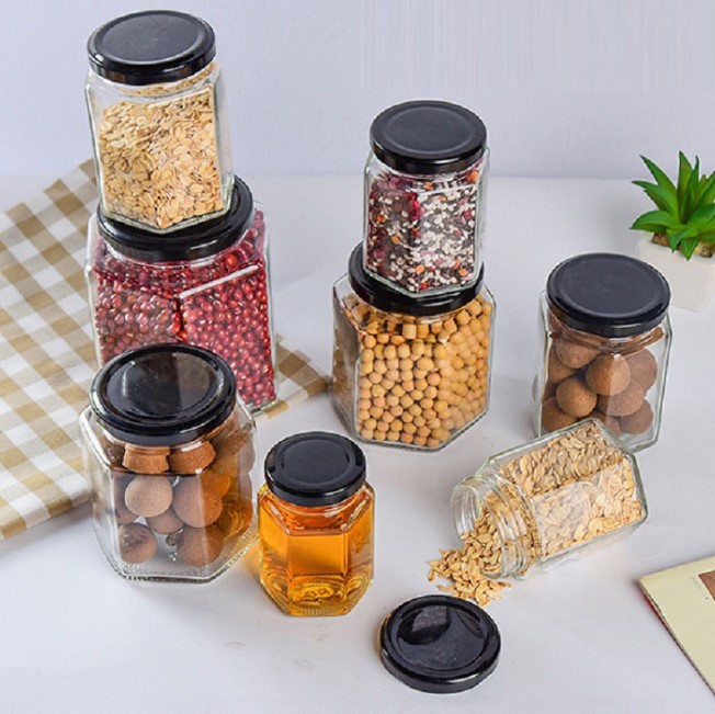 storage bottles high white material hexagon glass jar with lid for honey jam and pickles