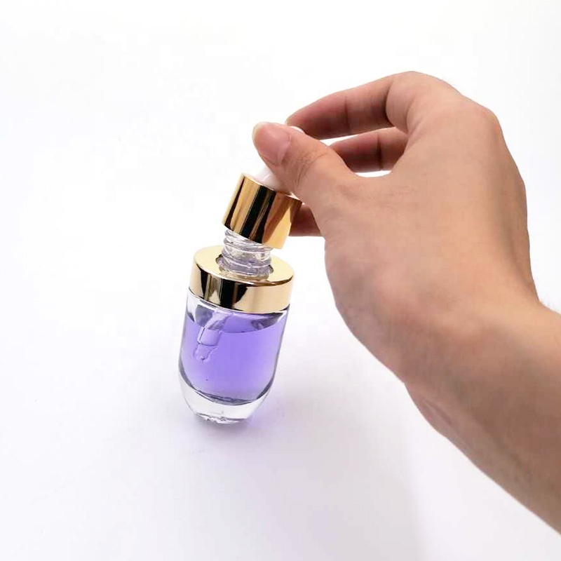 subulate shape luxury cosmetic container 1oz 30 ml glass bottle face serum packaging bottles with dropper gold collar pipette
