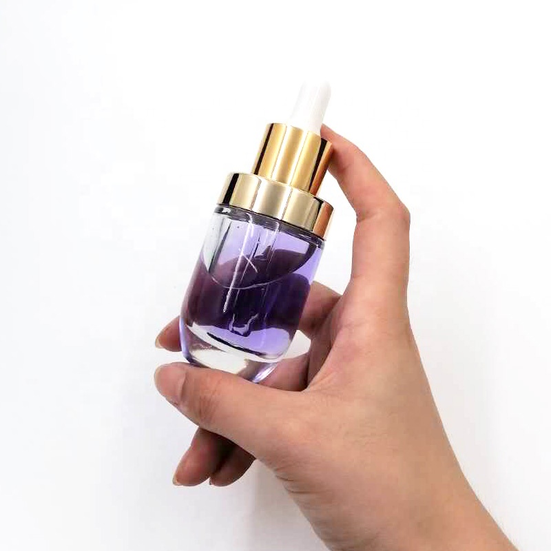 subulate shape luxury cosmetic container 1oz 30 ml glass bottle face serum packaging bottles with dropper gold collar pipette