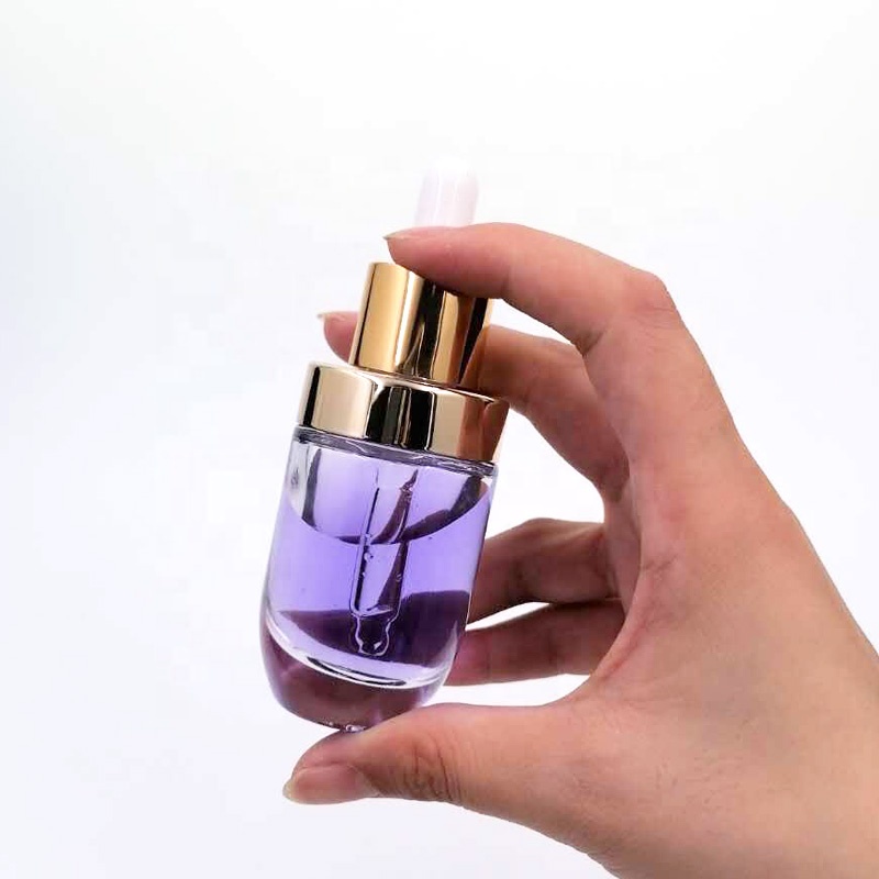 subulate shape luxury cosmetic container 1oz 30 ml glass bottle face serum packaging bottles with dropper gold collar pipette