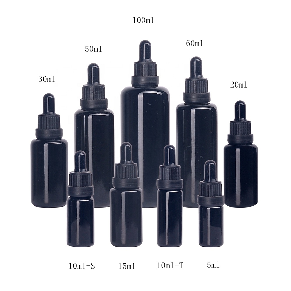 tamper evident matte black plastic dropper violet glass bottles 10ml 15ml 20ml 30ml 50ml 100ml black glass essential oil bottle