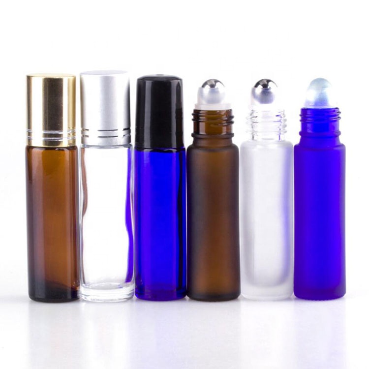 thick wall empty sample 10ml perfume, essential oil frosted amber blue roll on bottle glass