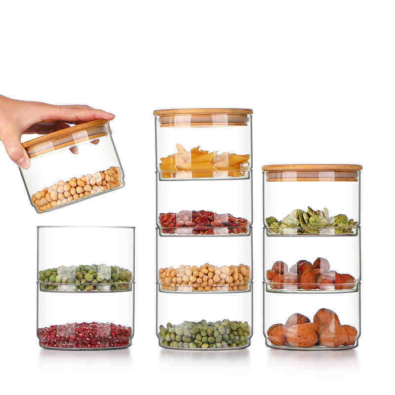 three glass containers stackable glass jar with bamboo lid for kitchen storage