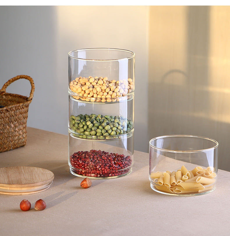 three glass containers stackable glass jar with bamboo lid for kitchen storage