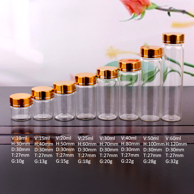transparent borosilicate mini glass bottle 10ml 15ml 20ml 25ml 30ml 40ml 60ml with screw aluminum lid