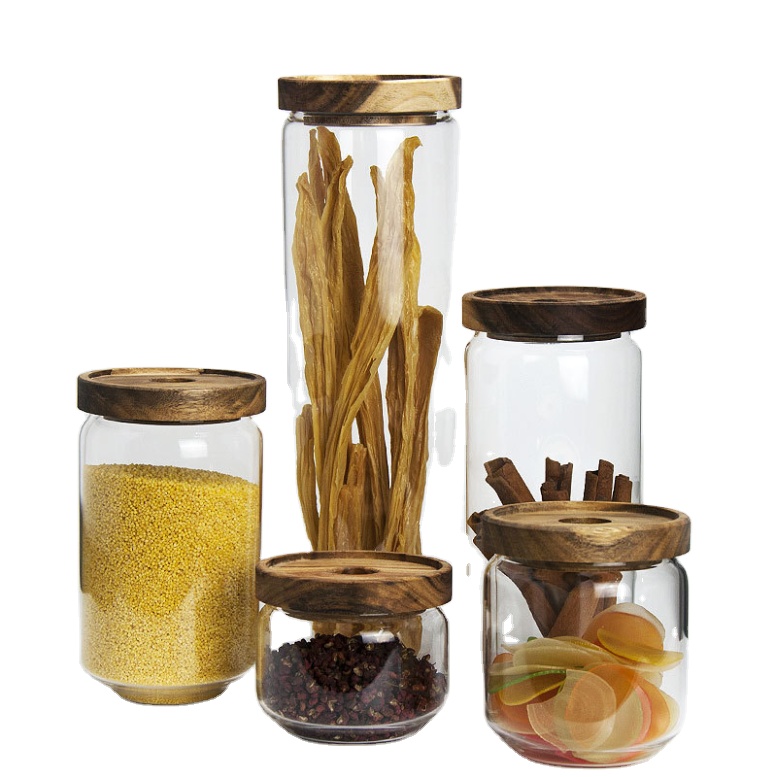 transparent food spice weed glass bamboo wooden lid container storage jars with bamboo cork lid and spoon for  food sauce