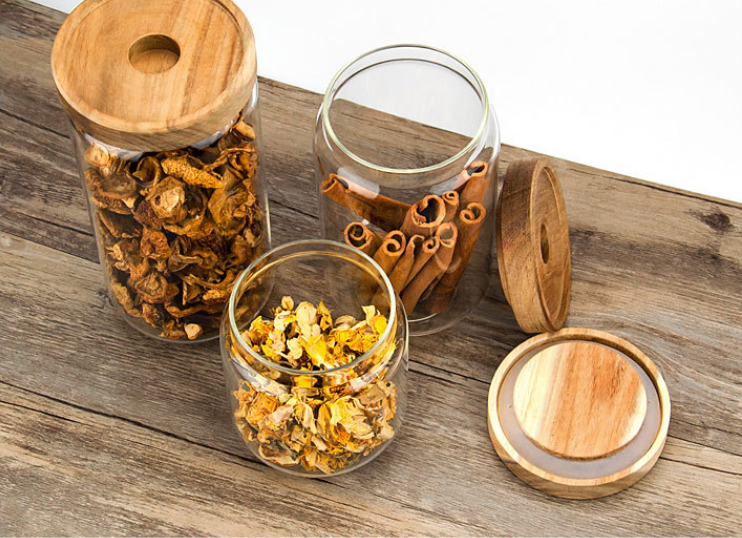 transparent food spice weed glass bamboo wooden lid container storage jars with bamboo cork lid and spoon for food sauce