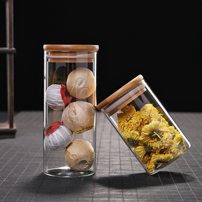 transparent food spice weed glass bamboo wooden lid container storage jars with bamboo cork lid and spoon for food sauce