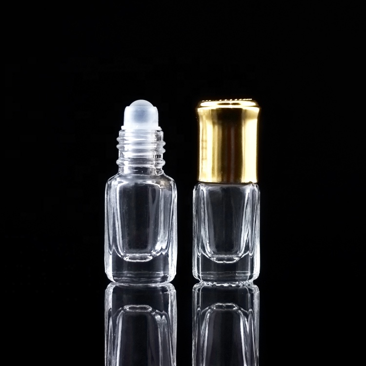 transparent glass roll on bottle 3ml bottle with aluminum gold cap good quality