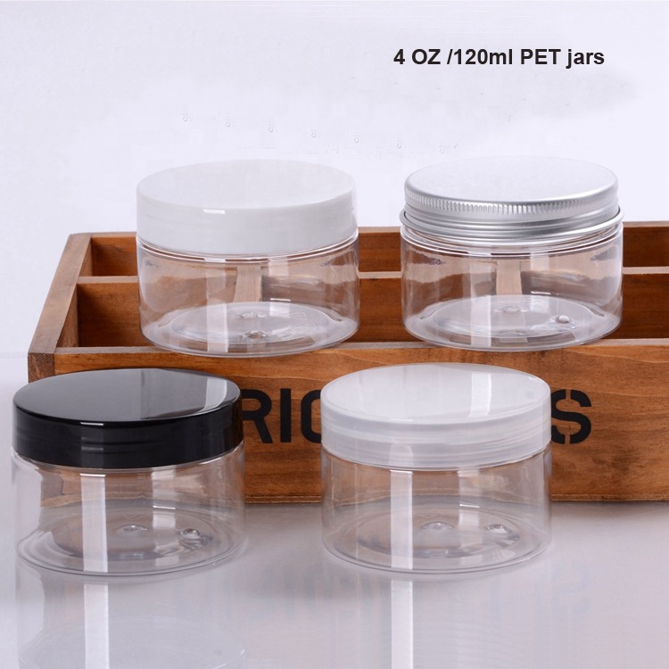 transparent plastic pet smell proof empty cosmetic jars 68/400 caps 120 ml face cream jar 120 g food container 4 oz jar