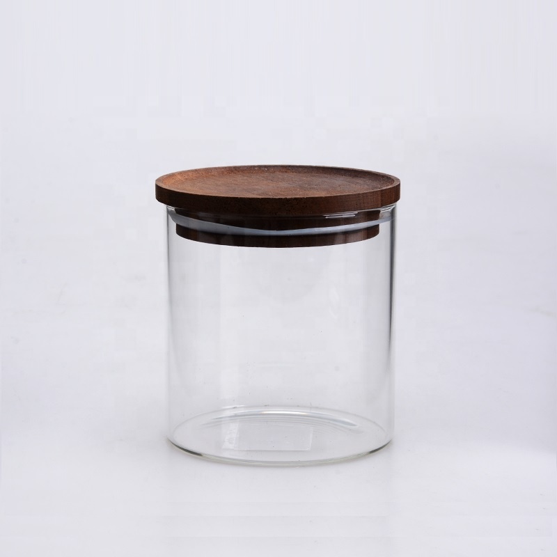 tube shaped glass storage jar Glas Jar with wood Lids / Glass Jar