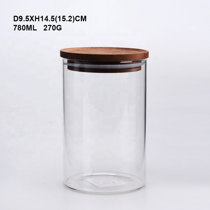 tube shaped glass storage jar Glas Jar with wood Lids / Glass Jar